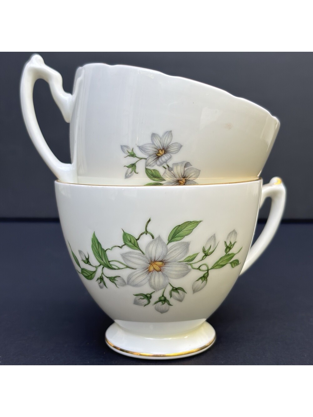 Queen's Staffordshire Dogwood Fine Bone China Tea Cups England Gold Trim Vintage